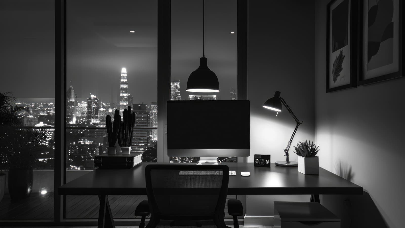 A desk at night lit by a single lamp