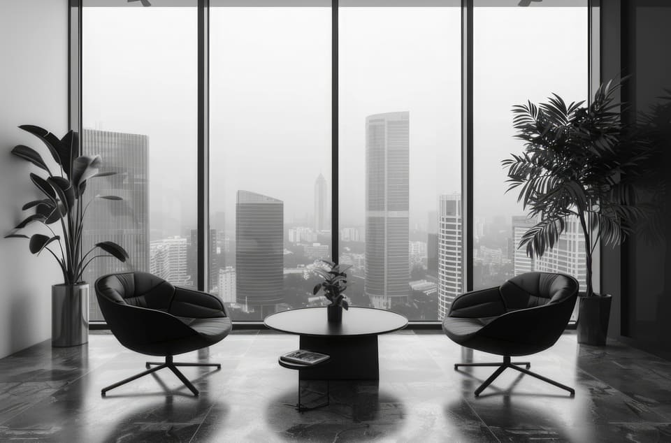 A quiet reading room with tall windows