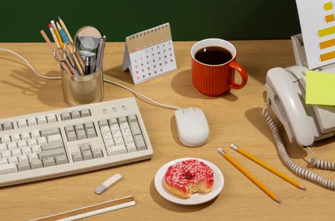 A desk seen from directly overhead